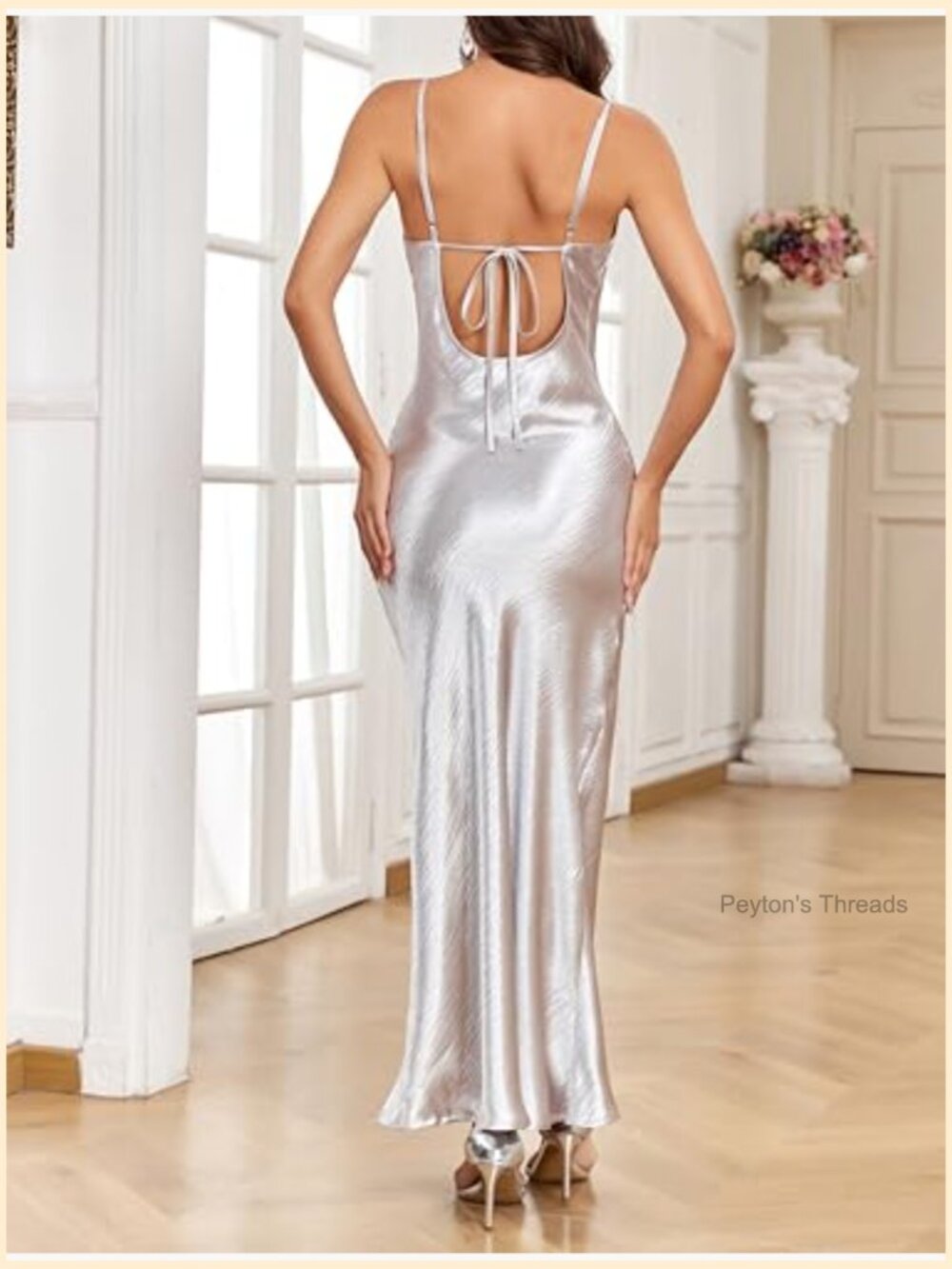 Satin Spaghetti Strap Backless Maxi Dress Cowl Neck Tie Low Back Wedding Guest - Picture 4 of 7